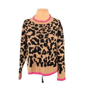 Aakaa Leopard Print Sweater Women’s Small Neon Trim Knit Pullover Animal Print